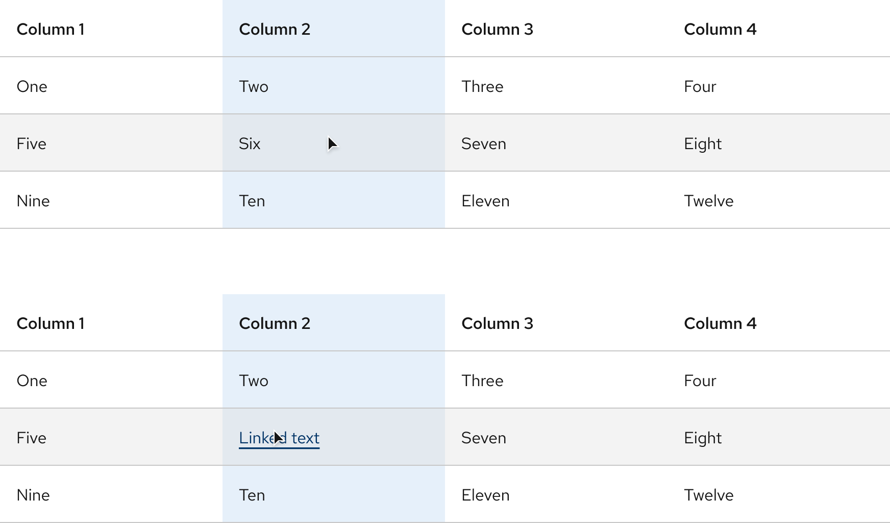 Light scheme tables with hover effects on a white surface